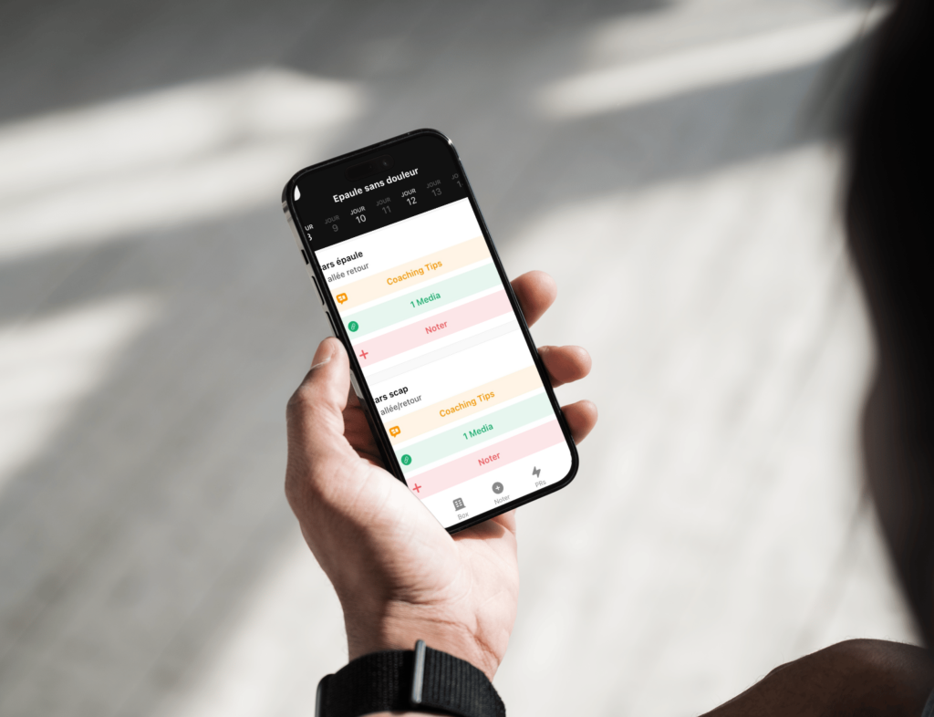 Application mobile de suivi de programme de rééducation pour l'épaule, utilisée par un patient pour suivre ses exercices personnalisés à distance, sous l’accompagnement d'un kinésithérapeute spécialisé dans les pathologies de l'épaule.
